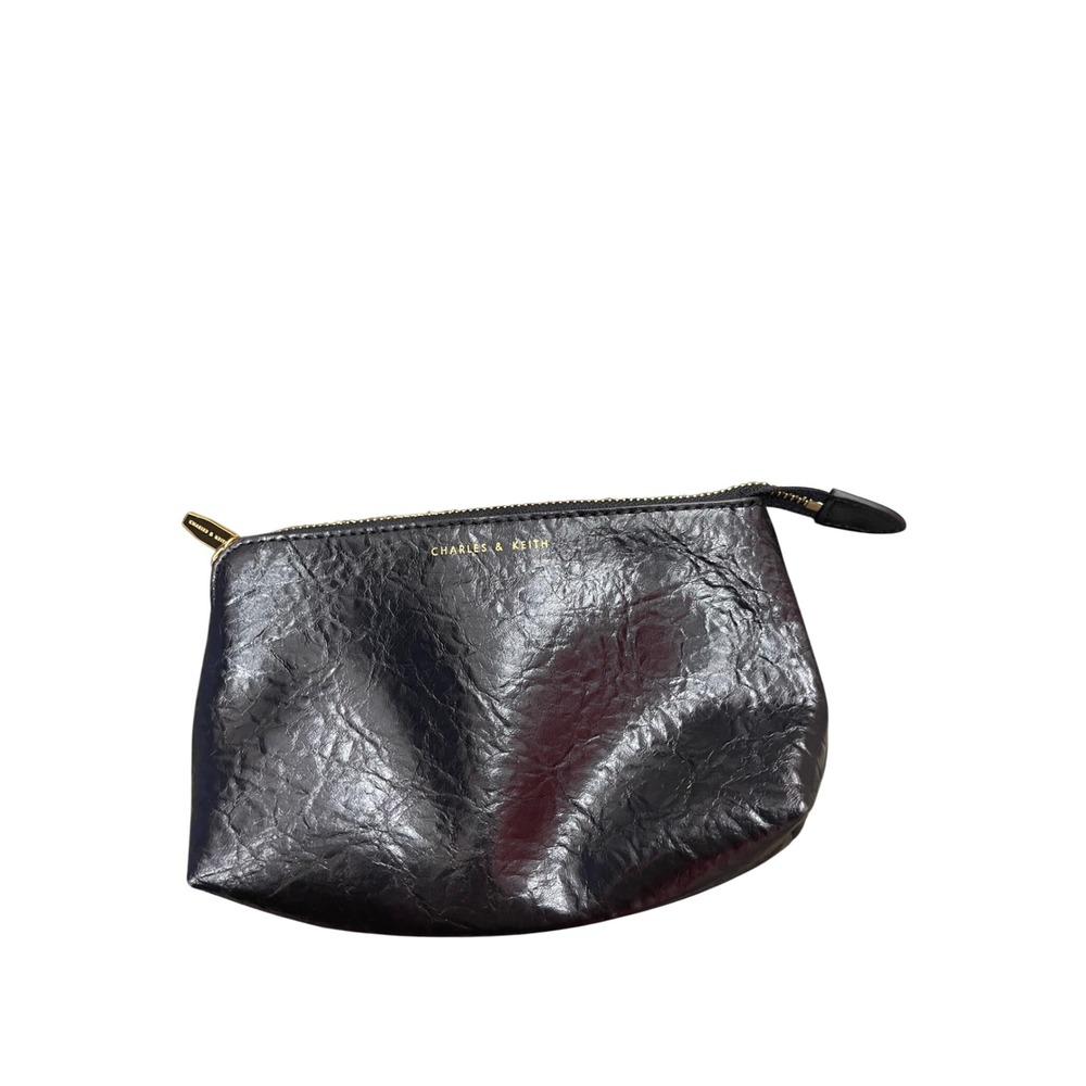 Charles & Keith Black Crinkled Faux Leather Makeup Pouch Gold Hardware Zip Bag